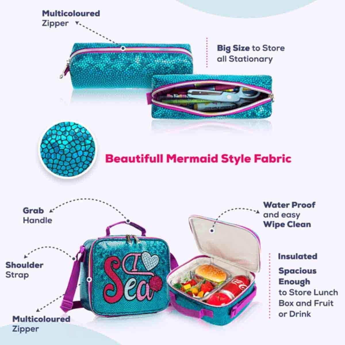 Eazy Kids 17" Mermaid Sea 3-in-1 School Bag, Lunch Bag & Pencil Case Combo