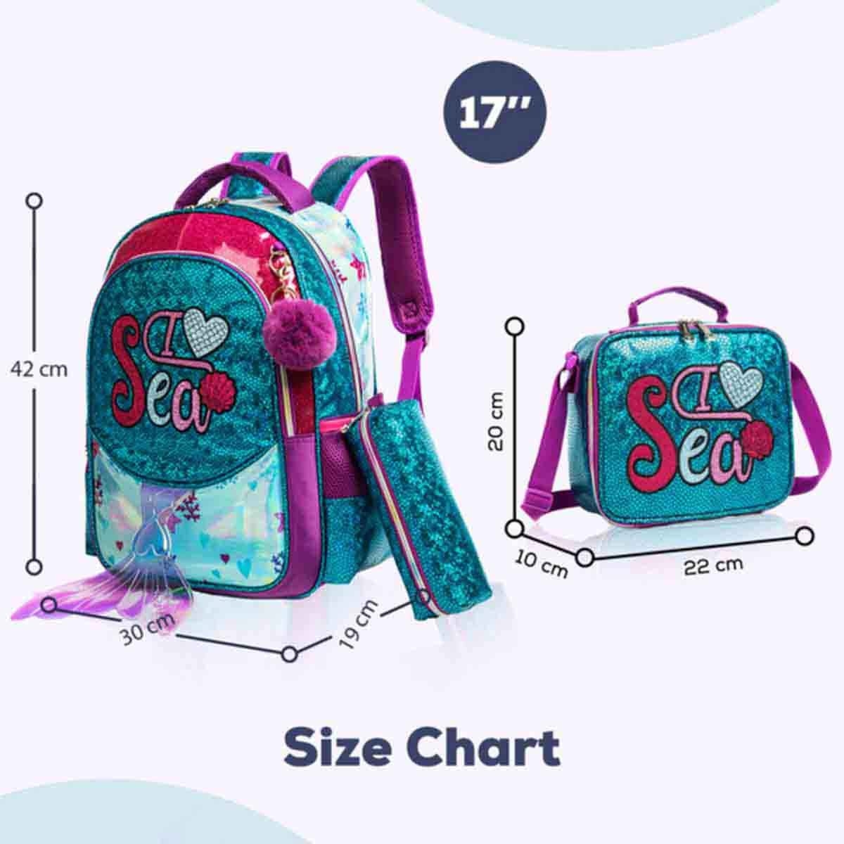 Eazy Kids 17" Mermaid Sea 3-in-1 School Bag, Lunch Bag & Pencil Case Combo