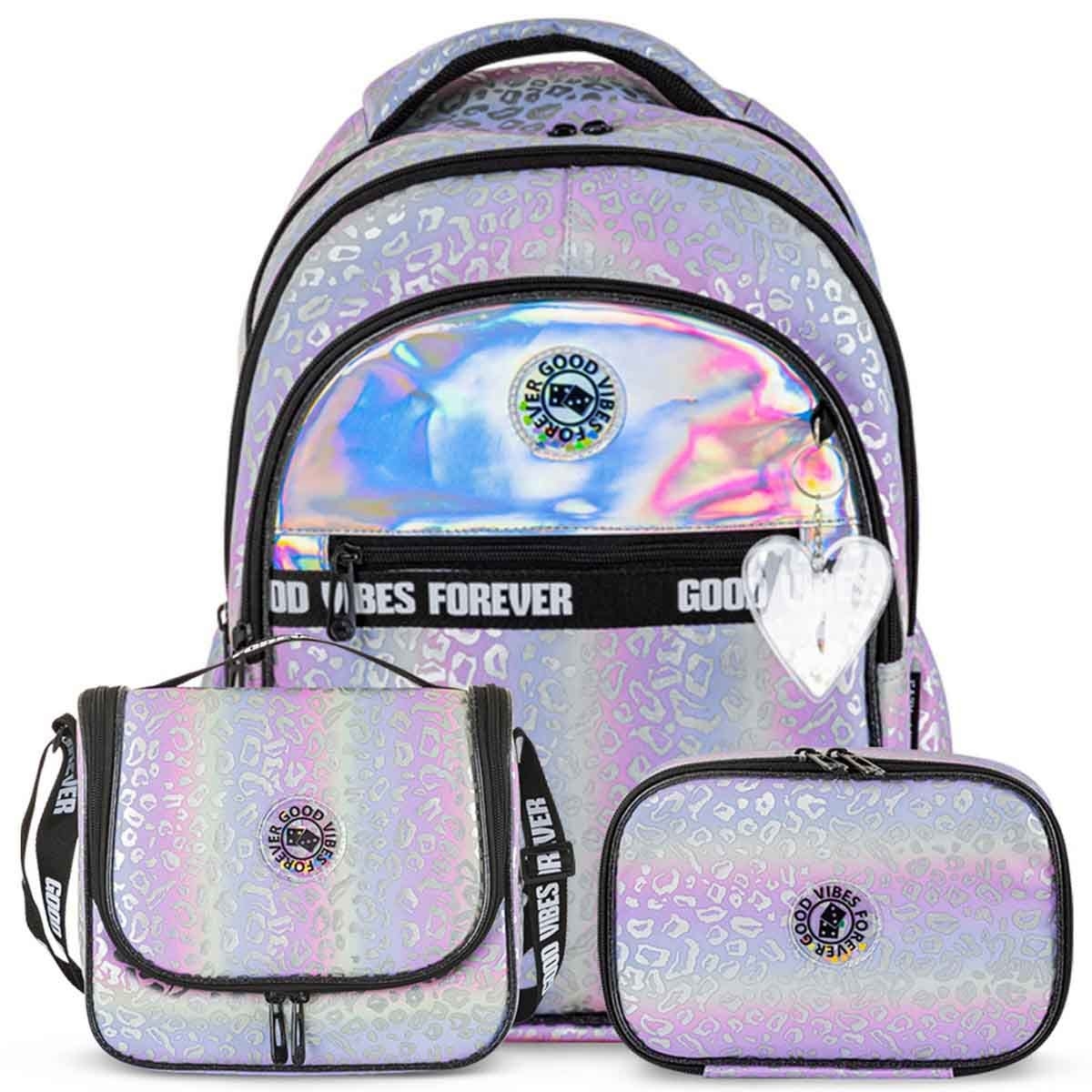 إيزي كيدز حقيبة مدرسية 3 في 1 مقاس 17 إنش بتصميم غود فايبس مع حقيبة غداء ومقلمة