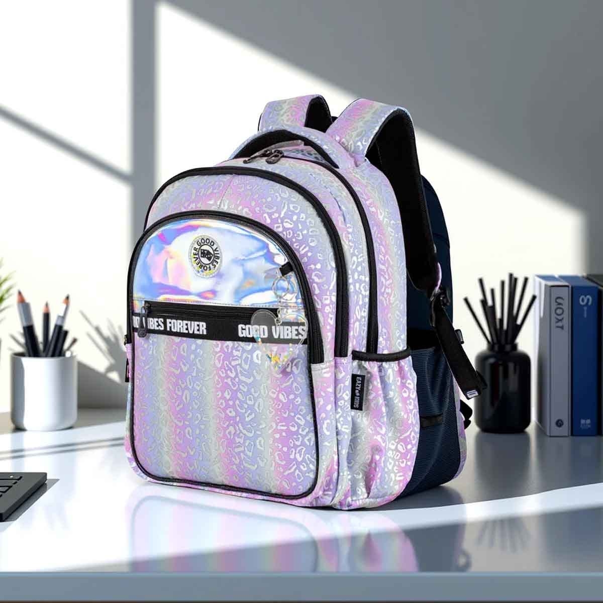 إيزي كيدز حقيبة مدرسية 3 في 1 مقاس 17 إنش بتصميم غود فايبس مع حقيبة غداء ومقلمة