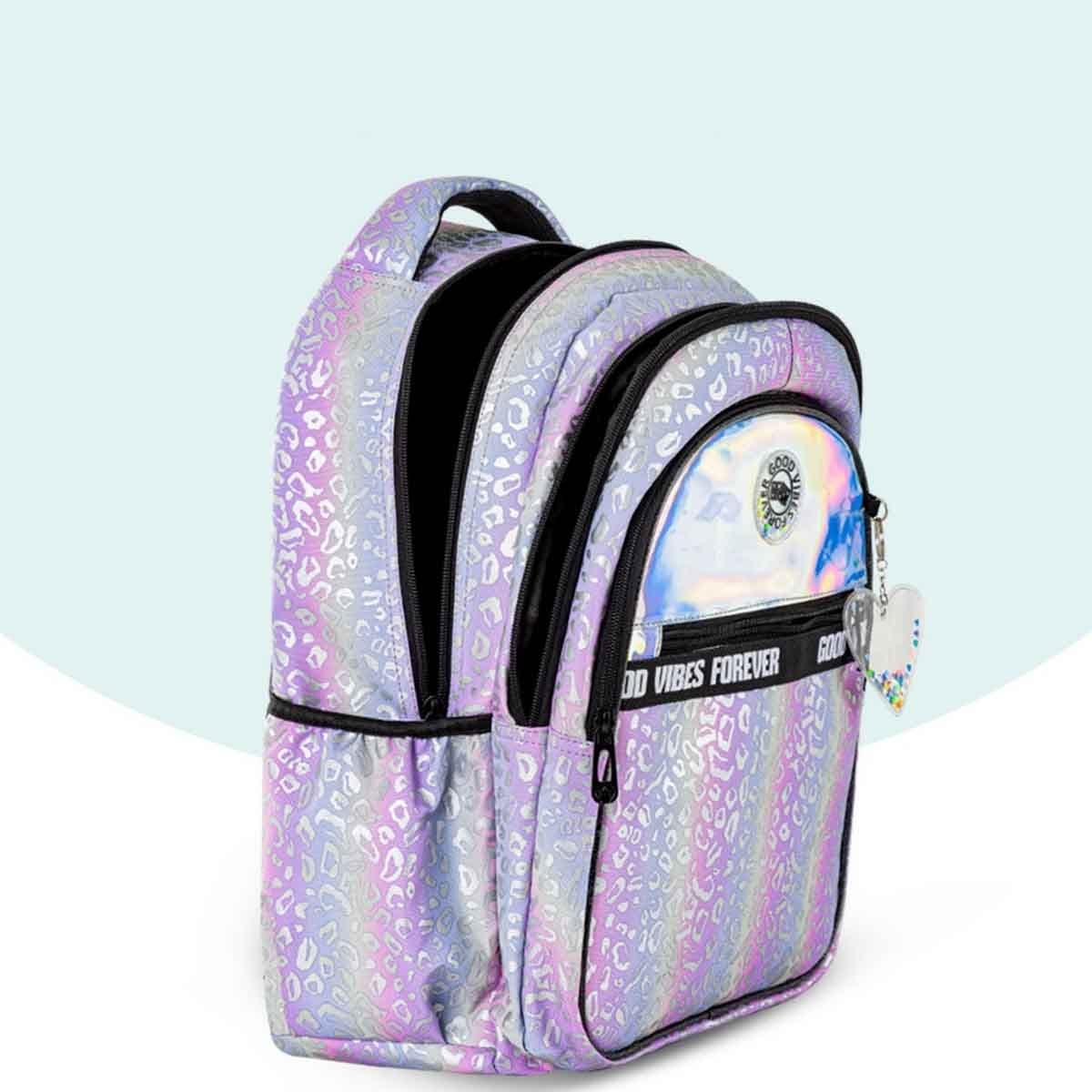 إيزي كيدز حقيبة مدرسية 3 في 1 مقاس 17 إنش بتصميم غود فايبس مع حقيبة غداء ومقلمة