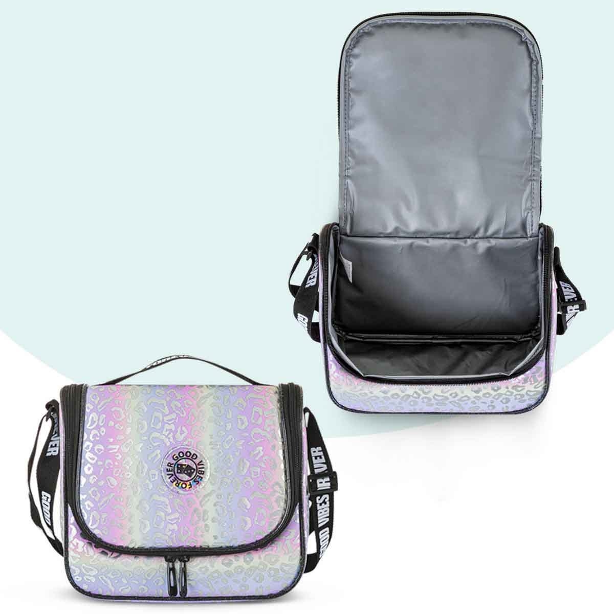 إيزي كيدز حقيبة مدرسية 3 في 1 مقاس 17 إنش بتصميم غود فايبس مع حقيبة غداء ومقلمة