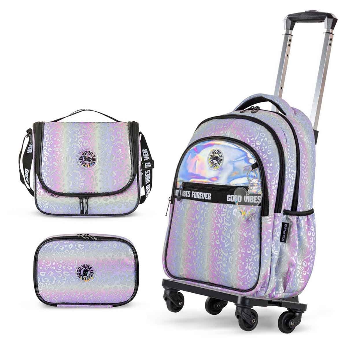Eazy Kids 17" Good Vibes 4-in-1 School Bag with 4 Wheel Trolley, Lunch Bag & Pencil Case