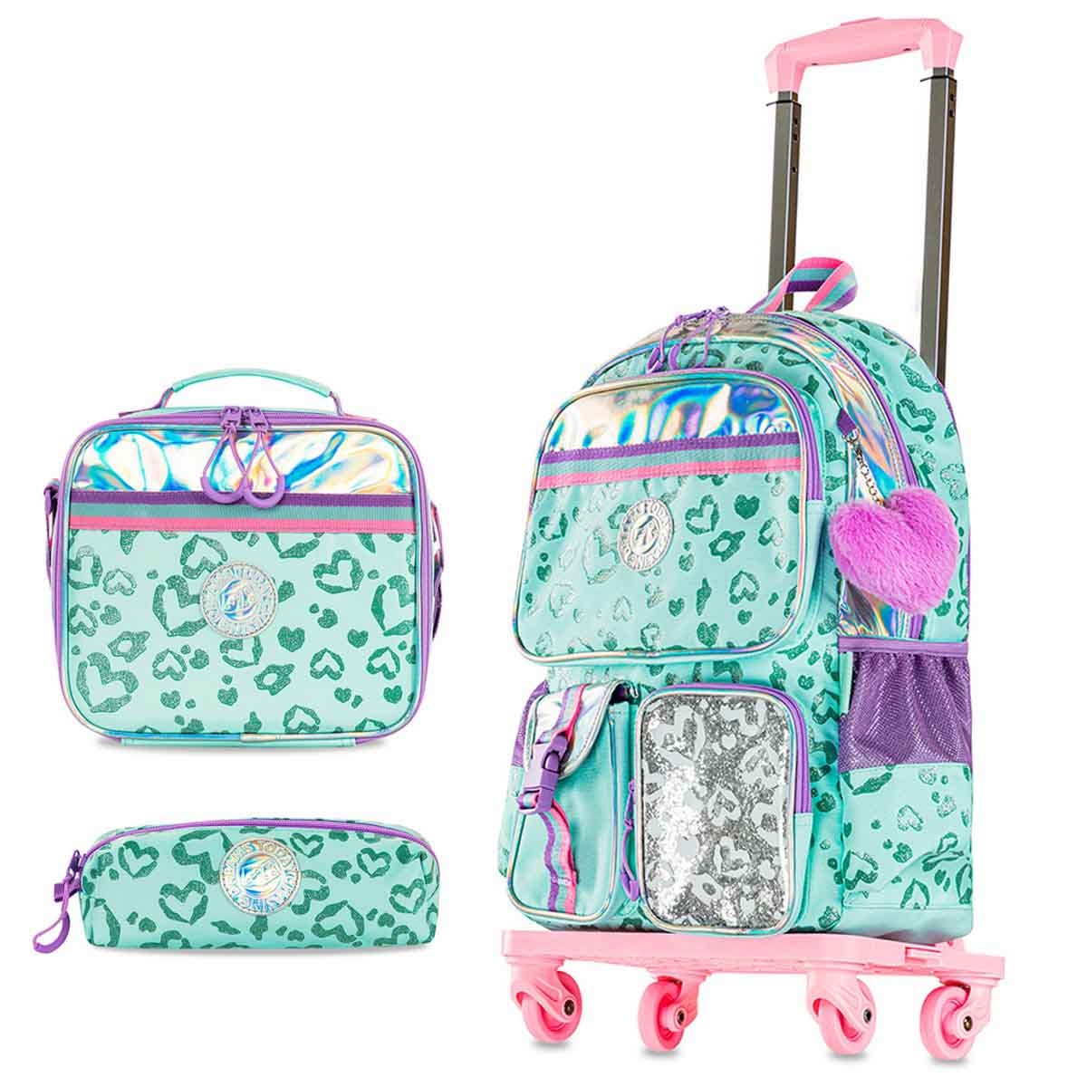 إيزي كيدز حقيبة مدرسية 4 في 1 مقاس 17 إنش بتصميم لوف مع عربة 4 عجلات وحقيبة غداء ومقلمة