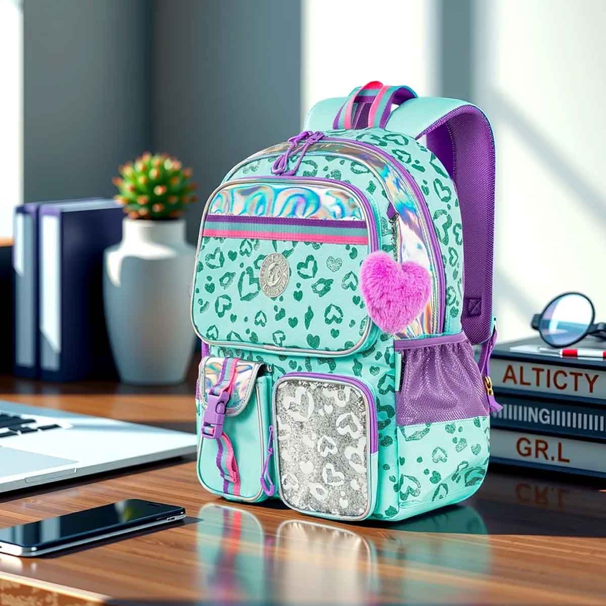 إيزي كيدز حقيبة مدرسية 4 في 1 مقاس 17 إنش بتصميم لوف مع عربة 4 عجلات وحقيبة غداء ومقلمة