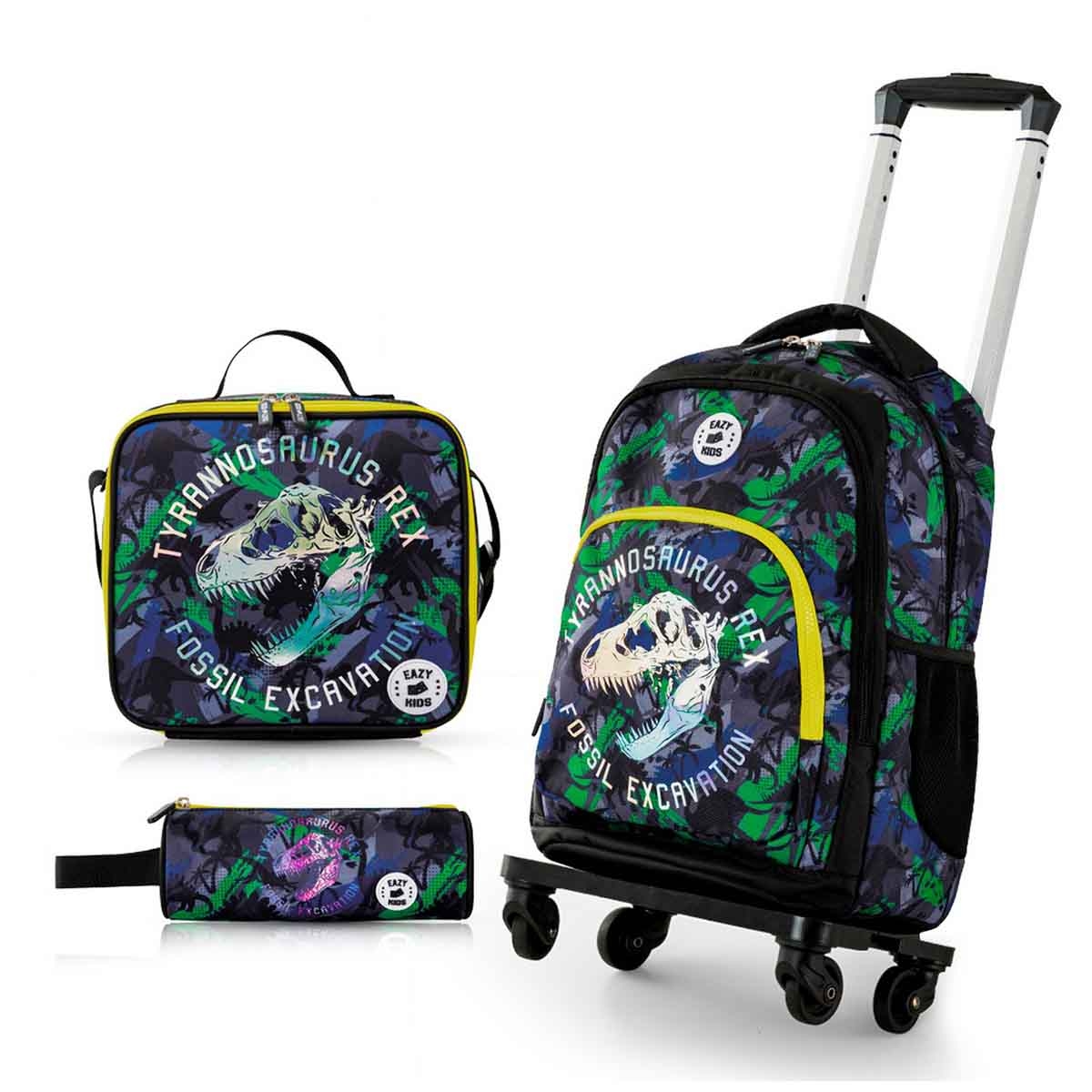 إيزي كيدز حقيبة ظهر 4 في 1 مقاس 17 إنش بتصميم تي ريكس مع عربة 4 عجلات وحقيبة غداء ومقلمة