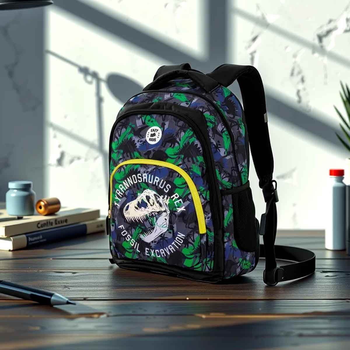 إيزي كيدز حقيبة ظهر 4 في 1 مقاس 17 إنش بتصميم تي ريكس مع عربة 4 عجلات وحقيبة غداء ومقلمة