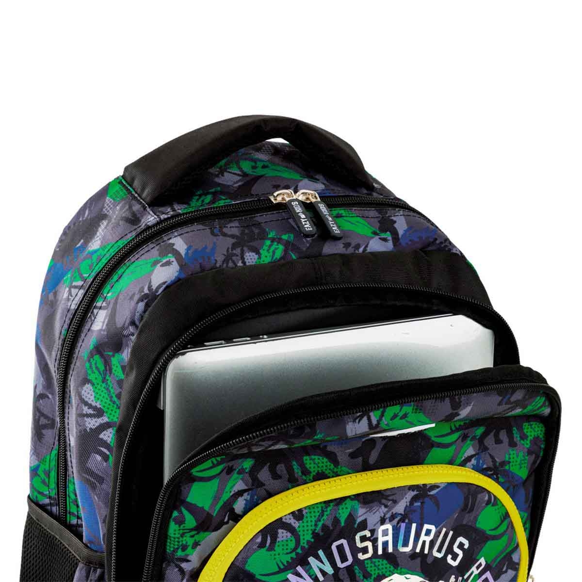 إيزي كيدز حقيبة ظهر 4 في 1 مقاس 17 إنش بتصميم تي ريكس مع عربة 4 عجلات وحقيبة غداء ومقلمة