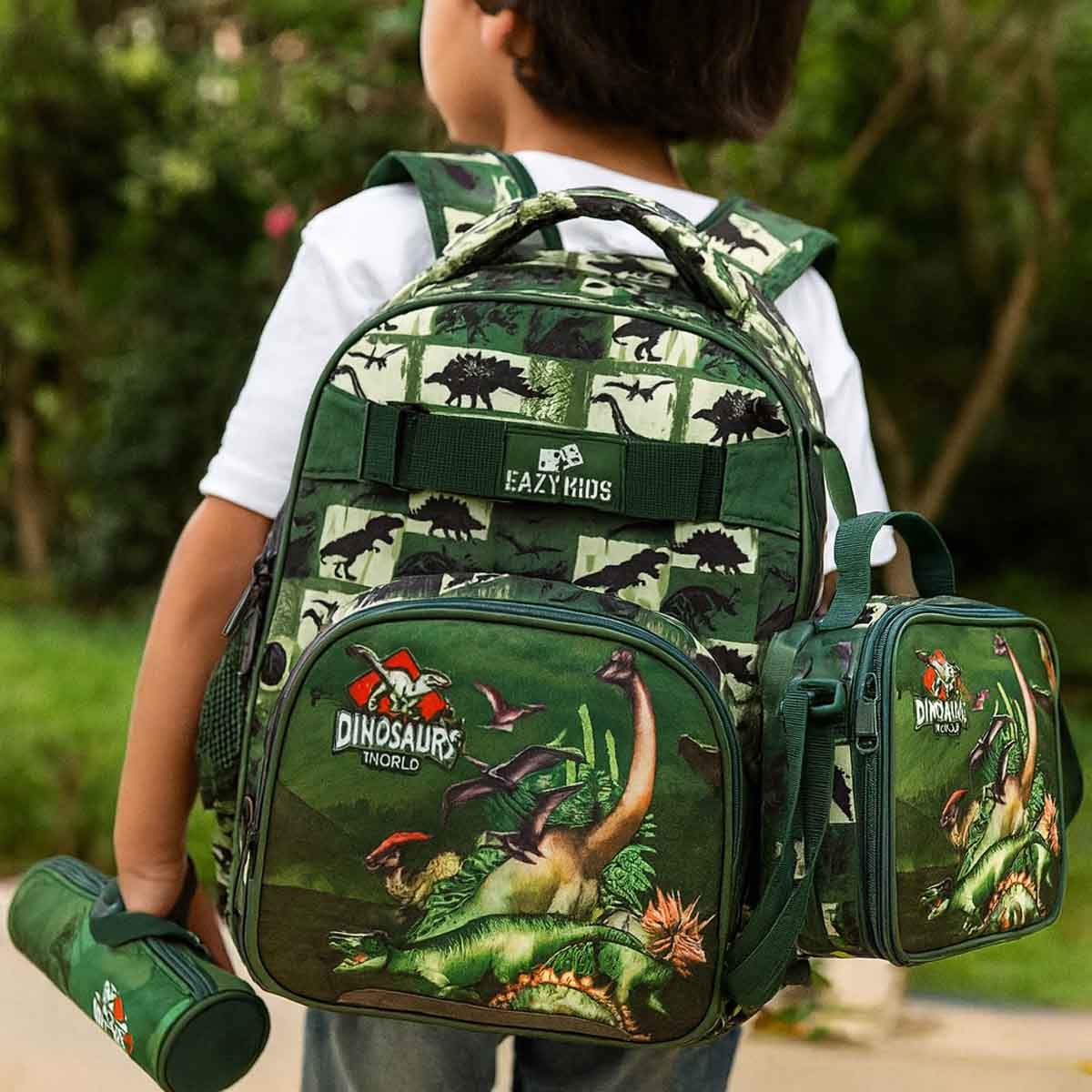 إيزي كيدز مجموعة 3 في 1 حقيبة مدرسية 18 إنش بتصميم ديناصور مع حقيبة غداء وحقيبة أقلام