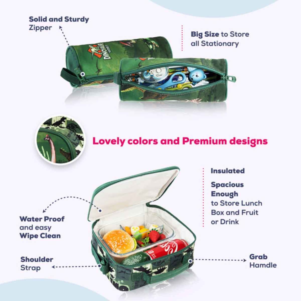 إيزي كيدز مجموعة 3 في 1 حقيبة مدرسية 18 إنش بتصميم ديناصور مع حقيبة غداء وحقيبة أقلام