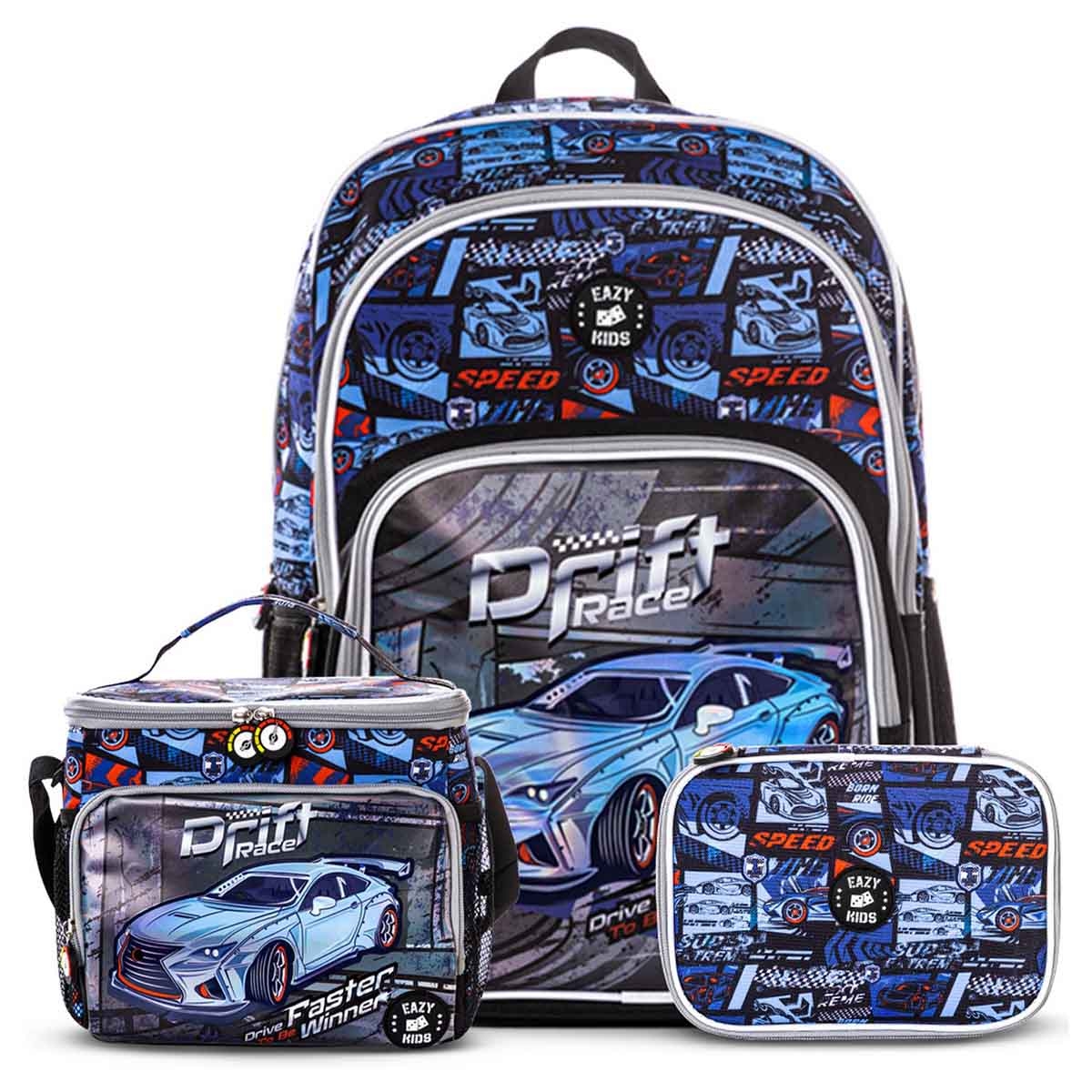 Eazy Kids 18" Car Racing 3-in-1 Backpack with Lunch Bag & Pencil Case