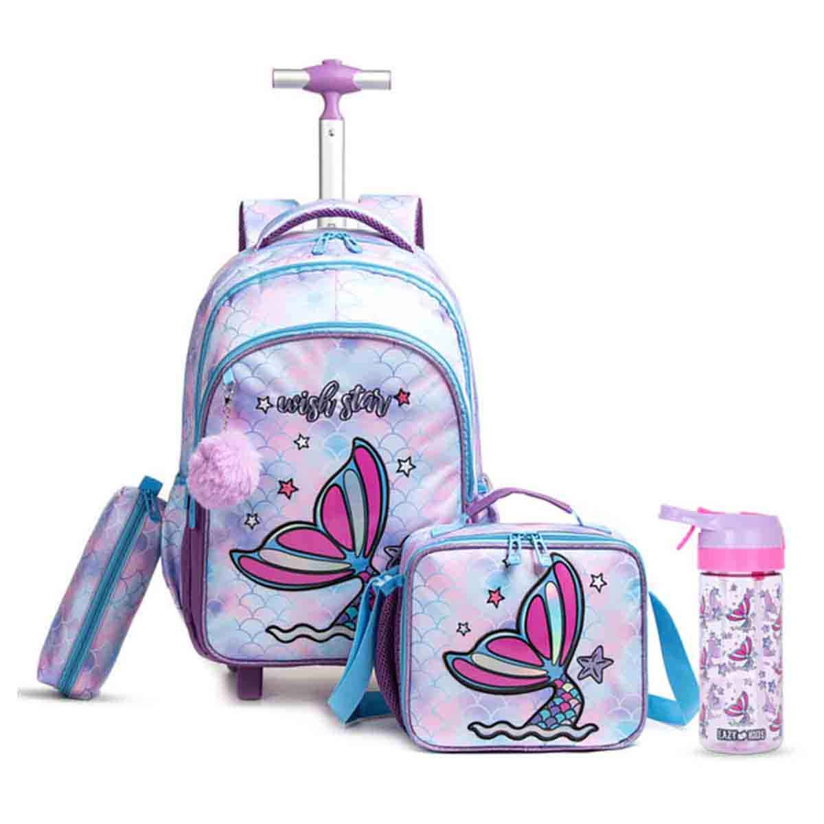 Eazy Kids 18" Mermaid 4-in-1 Trolley School Bag with Tritan 420ml Water Bottle, Lunch Bag & Pencil Case Combo