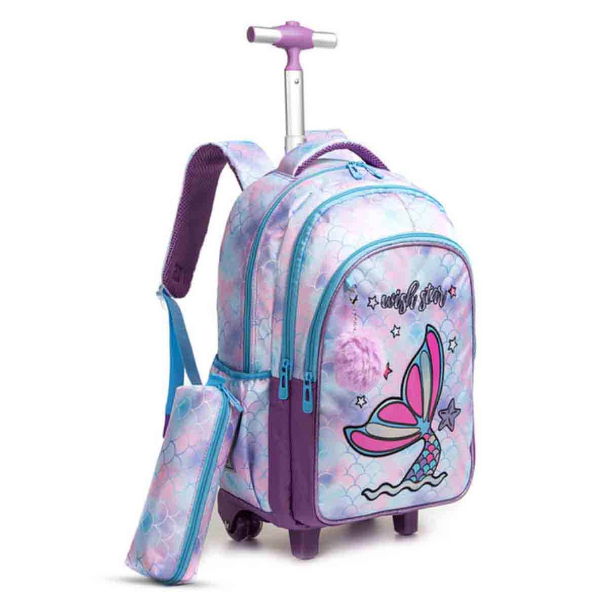 Eazy Kids 18" Mermaid 4-in-1 Trolley School Bag with Tritan 420ml Water Bottle, Lunch Bag & Pencil Case Combo