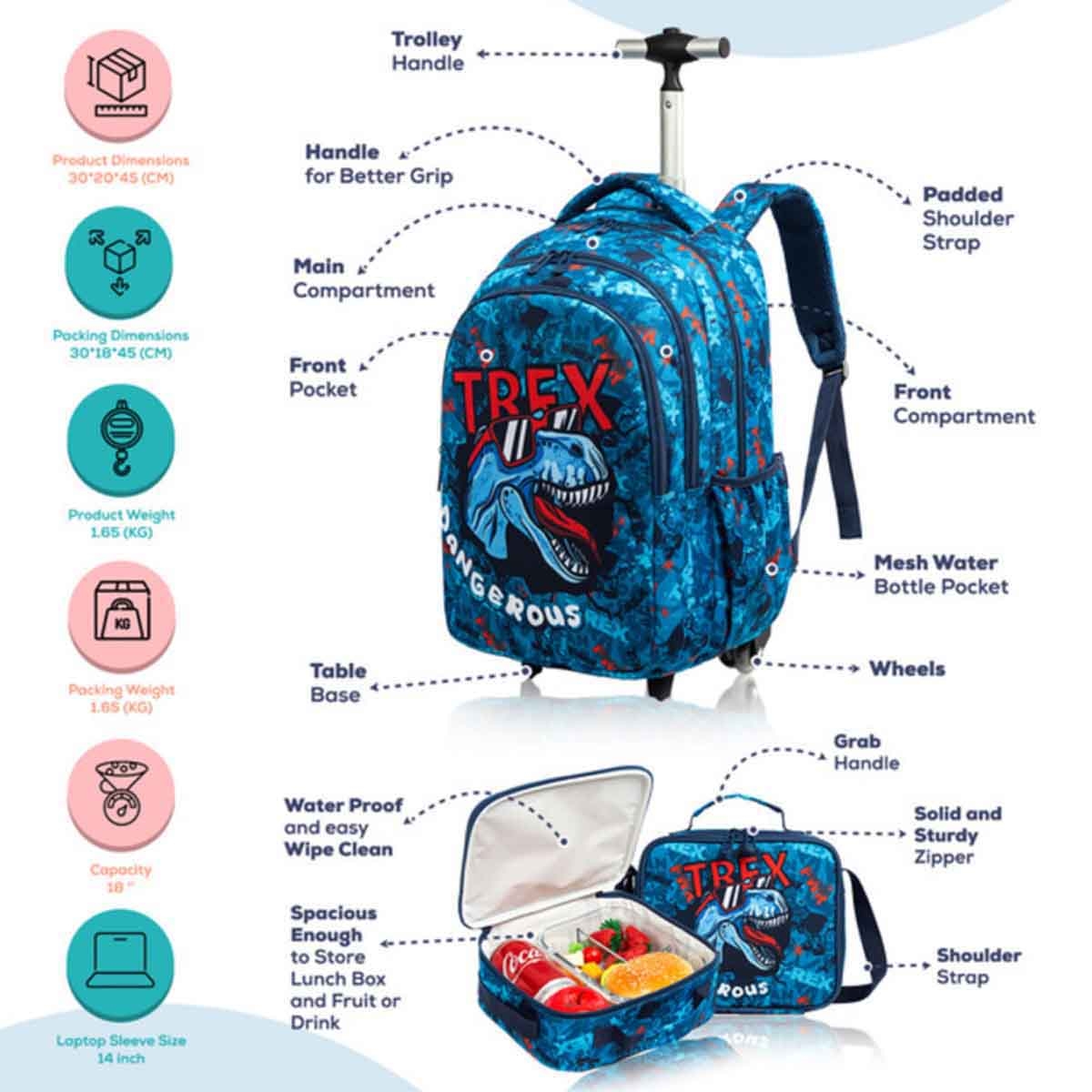 إيزي كيدز مجموعة 4 في 1 حقيبة مدرسية 18 إنش بعجلات بتصميم ديناصور تي ريكس مع زجاجة ماء تريتان 420 مل وحقيبة غداء وحقيبة أقلام