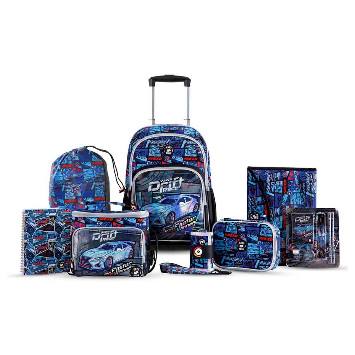 إيزي كيدز حقيبة ظهر 9 في 1 مقاس 18 بوصة بتصميم سباق السيارات مع عربة 4 عجلات وحقيبة غداء ومقلمة