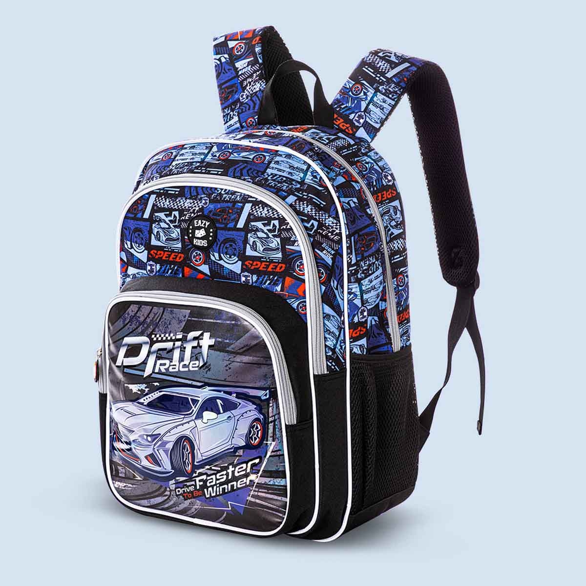 إيزي كيدز حقيبة ظهر 9 في 1 مقاس 18 بوصة بتصميم سباق السيارات مع عربة 4 عجلات وحقيبة غداء ومقلمة