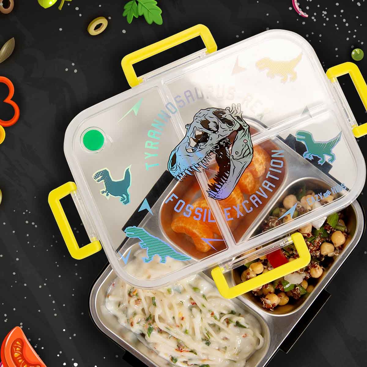 إيزي كيدز صندوق غداء بنتو من ستانلس ستيل بسعة 800 مل بثلاثة أقسام بتصميم تي ريكس