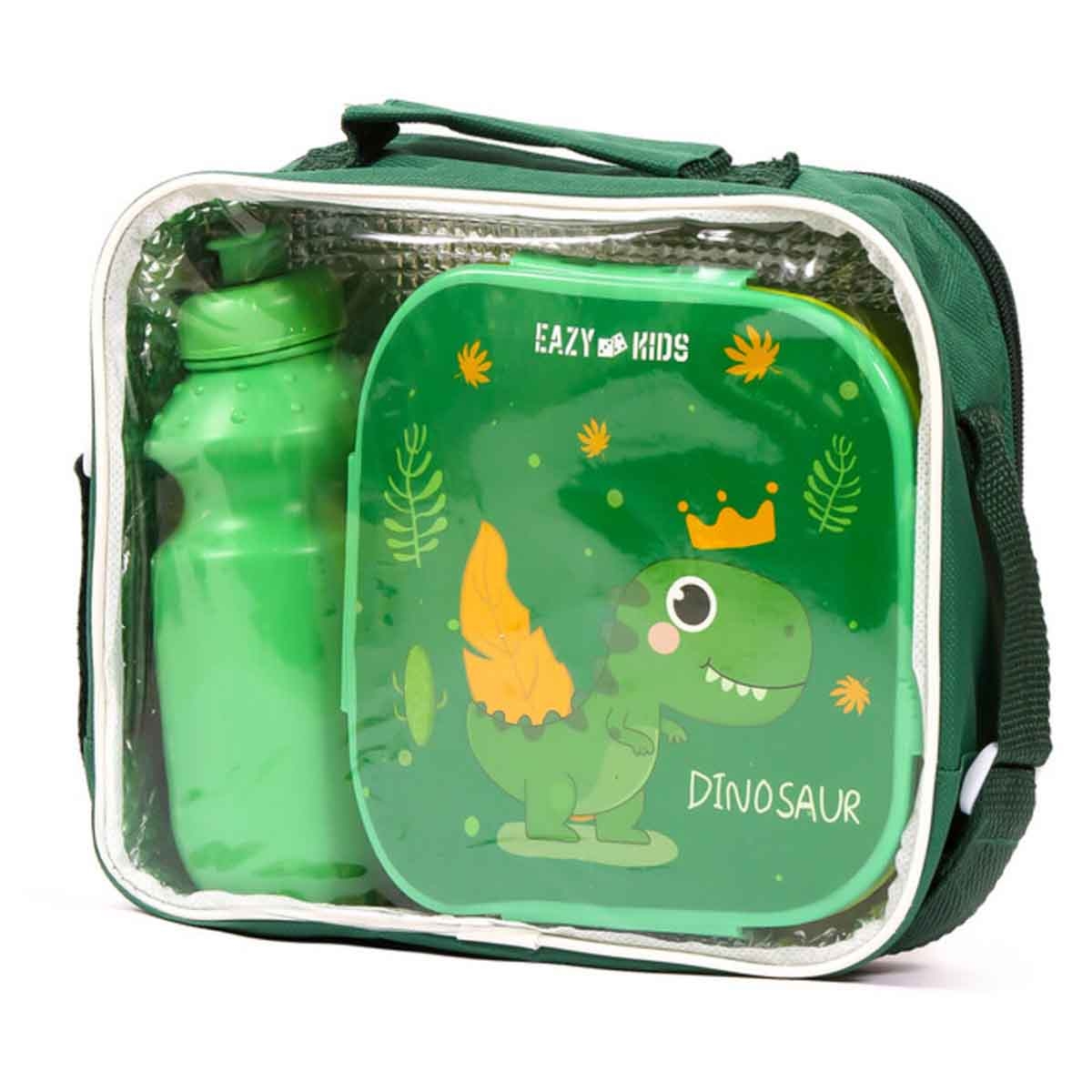 Eazy Kids Dino Green Lunch Box & Water Bottle with Bag