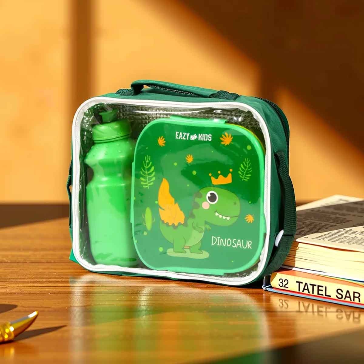 Eazy Kids Dino Green Lunch Box & Water Bottle with Bag