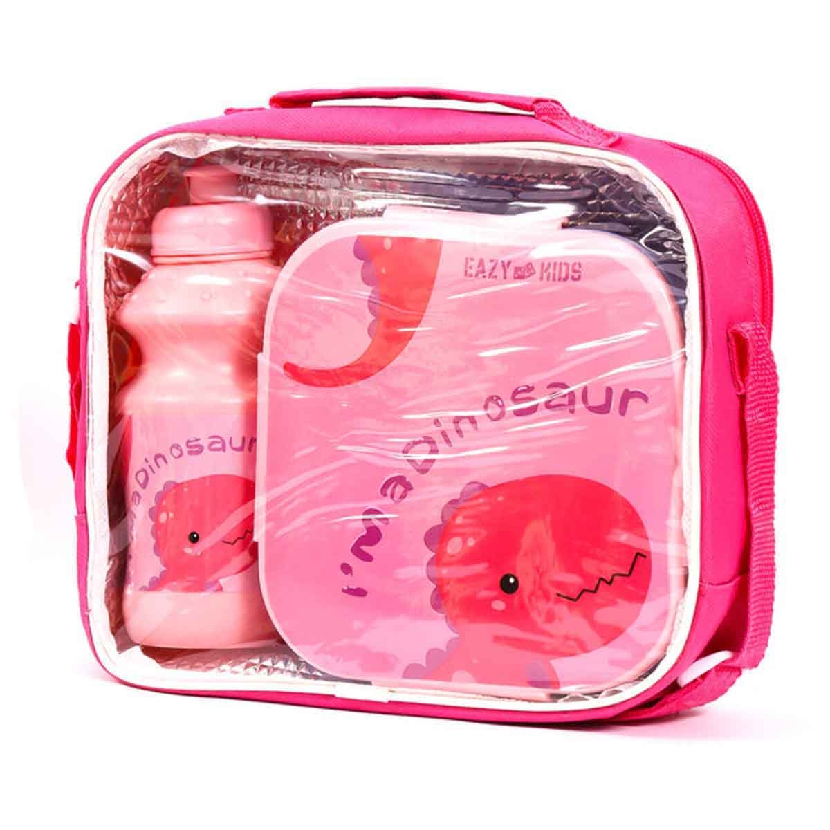 Eazy Kids Dino Pink Lunch Box & Water Bottle with Bag