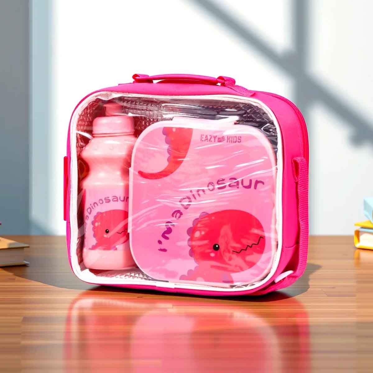 Eazy Kids Dino Pink Lunch Box & Water Bottle with Bag
