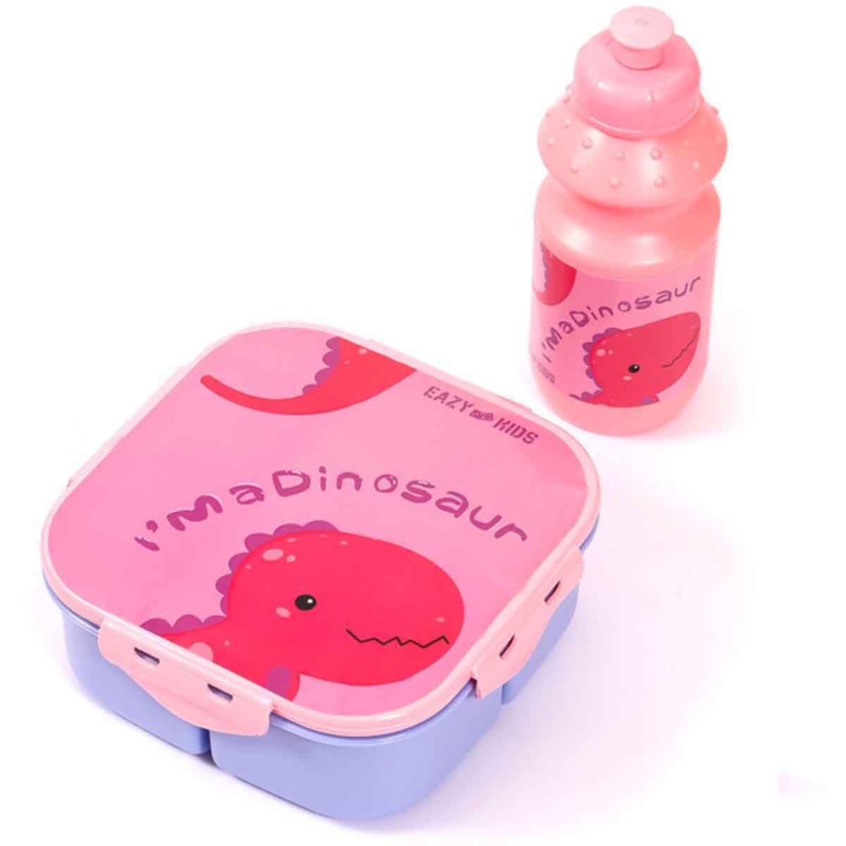 Eazy Kids Dino Pink Lunch Box & Water Bottle with Bag
