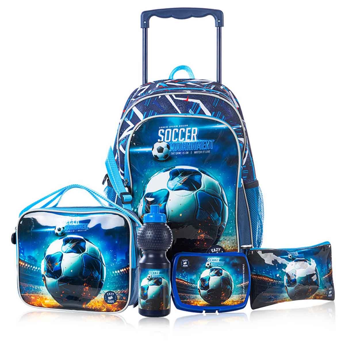 إيزي كيدز حقيبة مدرسية 5 في 1 مقاس 16 إنش بتصميم كرة القدم مع عربة
