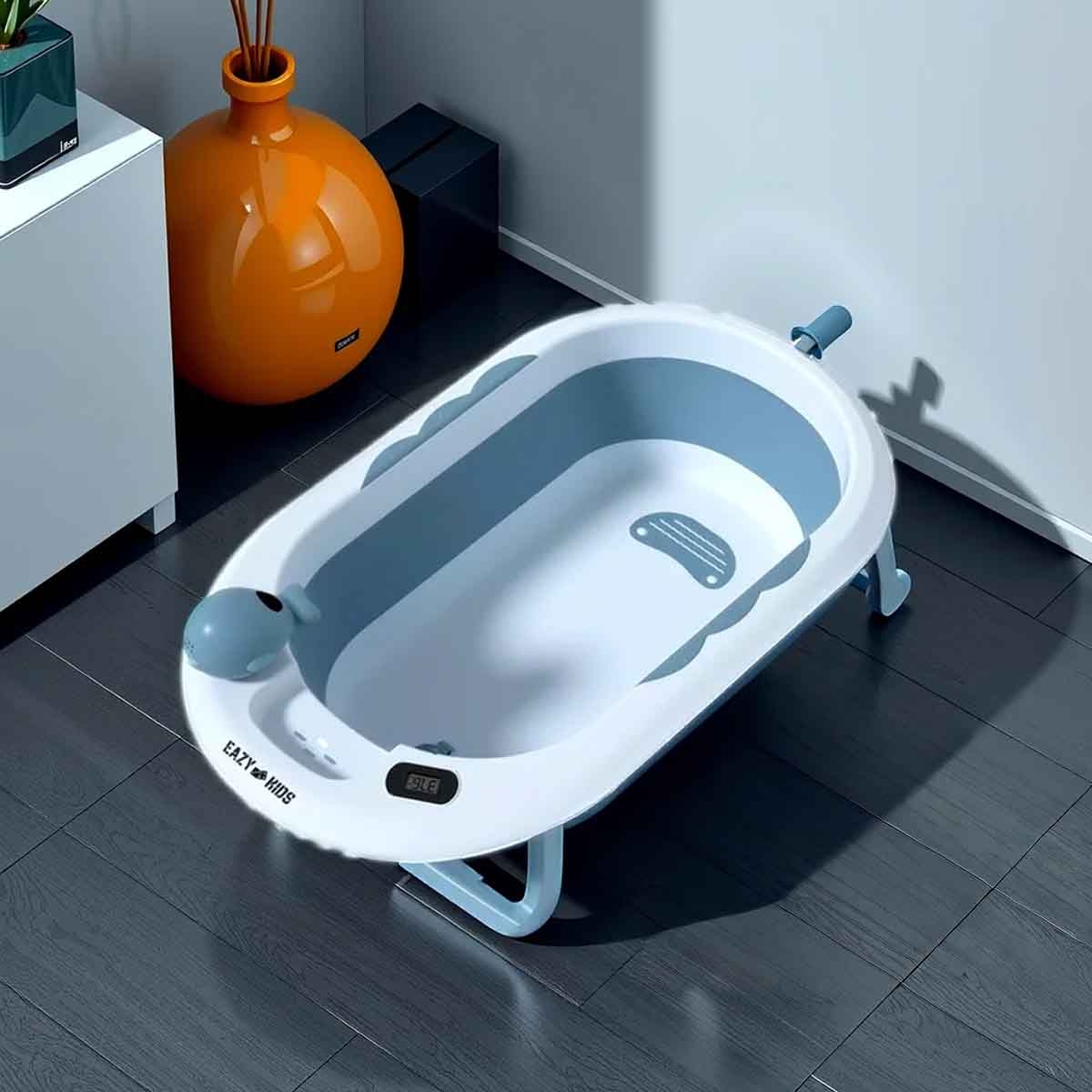 إيزي كيدز حوض استحمام قابل للطي باللون الأزرق مع مقياس حرارة وكوب غسل رأس الرضيع