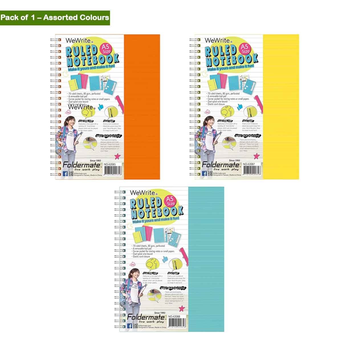 فولدرميت دفتر سلك A5 80جم 120 ورقة وي رايت ألوان باستيل 3 مواضيع ألوان متعددة