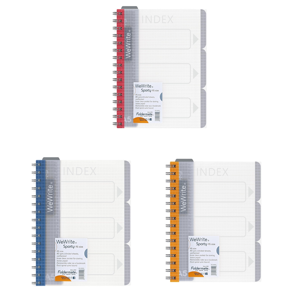 Foldermate A5 80GSM 120 Sheet WeWrite Sporty Regular Colour 3 Subject Assorted Spiral Notebook, Pack of 12