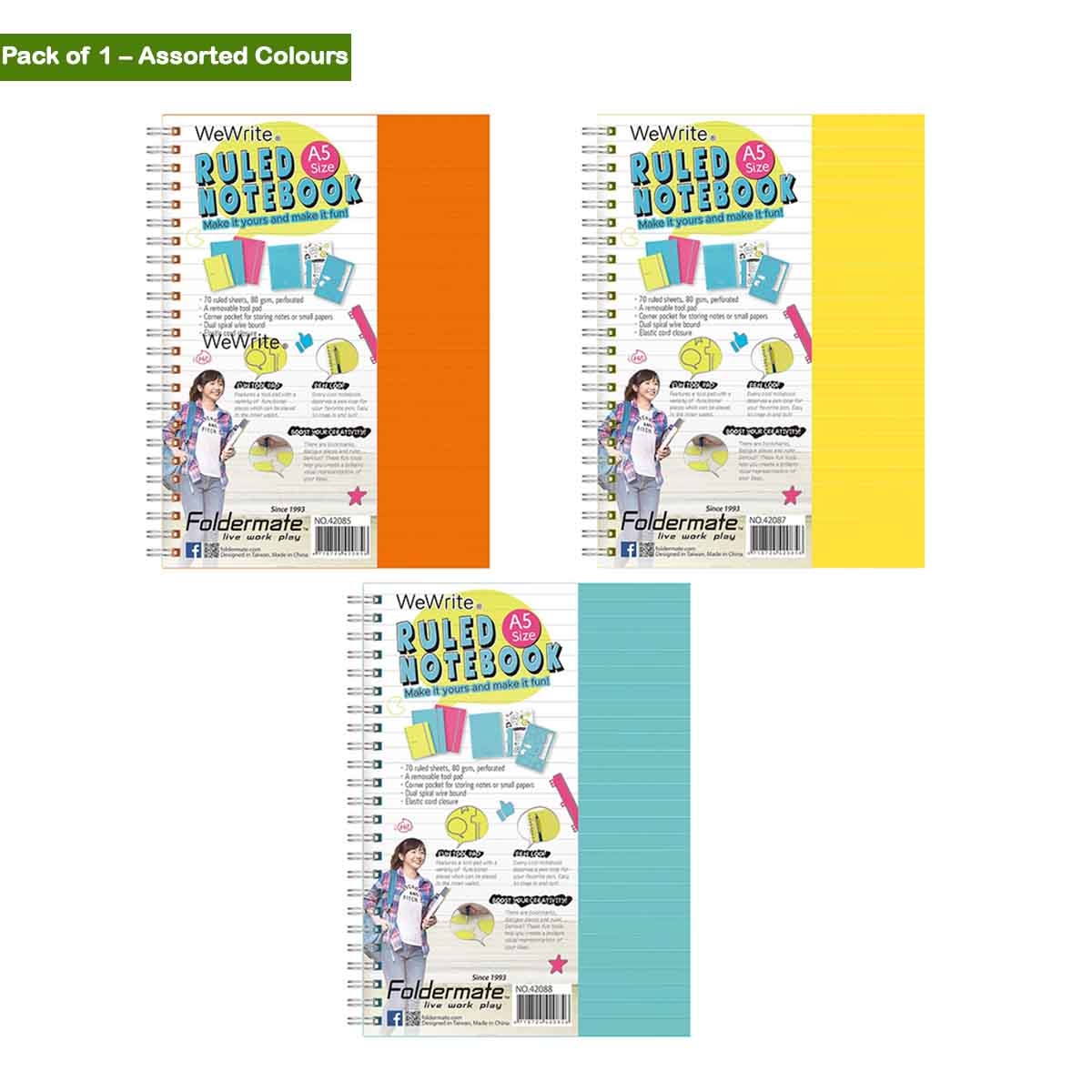 فولدرميت دفتر سلك A5 80جم 70 ورقة وي رايت ألوان باستيل موضوع واحد ألوان متعددة