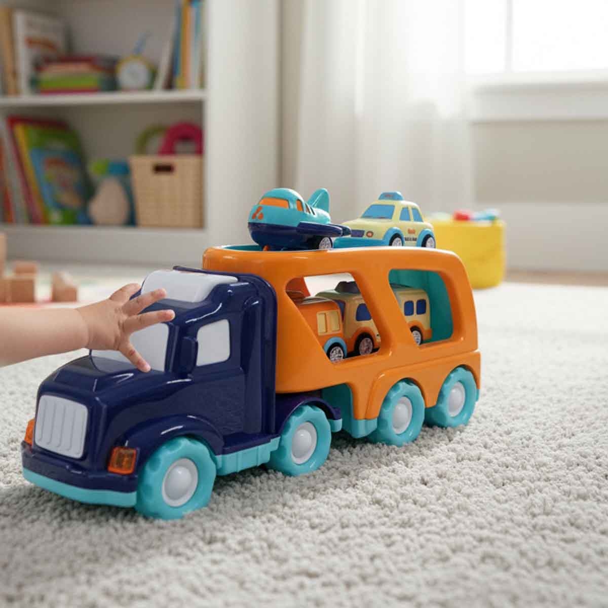 شين بينغ يو مجموعة شاحنة مدينة احتكاكية بضوء وصوت مع 4 سيارات سحب خلفي رقم PC66-02 للجنسين، من عمر 3-4 سنوات