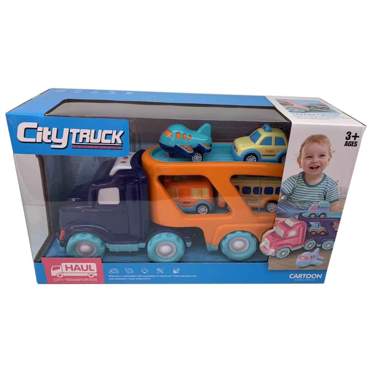 شين بينغ يو مجموعة شاحنة مدينة احتكاكية بضوء وصوت مع 4 سيارات سحب خلفي رقم PC66-02 للجنسين، من عمر 3-4 سنوات