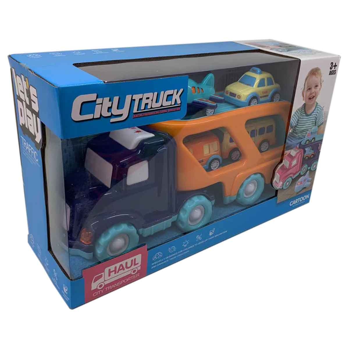 شين بينغ يو مجموعة شاحنة مدينة احتكاكية بضوء وصوت مع 4 سيارات سحب خلفي رقم PC66-02 للجنسين، من عمر 3-4 سنوات