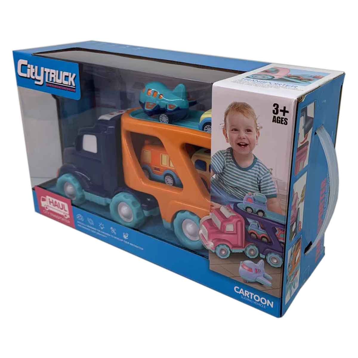 شين بينغ يو مجموعة شاحنة مدينة احتكاكية بضوء وصوت مع 4 سيارات سحب خلفي رقم PC66-02 للجنسين، من عمر 3-4 سنوات