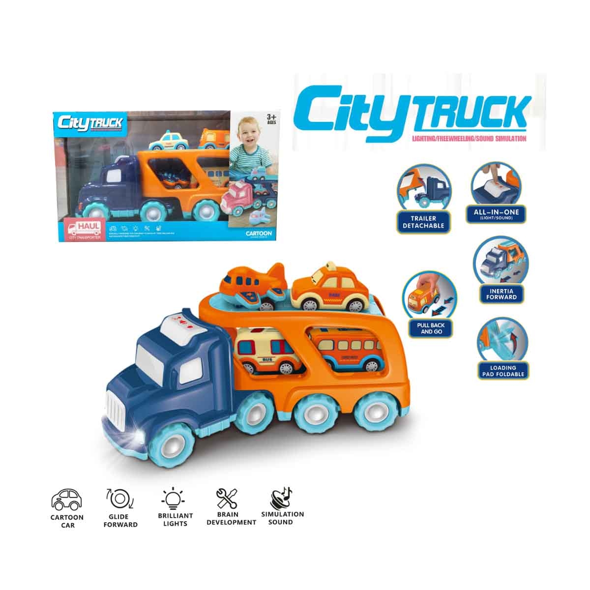 شين بينغ يو مجموعة شاحنة مدينة احتكاكية بضوء وصوت مع 4 سيارات سحب خلفي رقم PC66-02 للجنسين، من عمر 3-4 سنوات