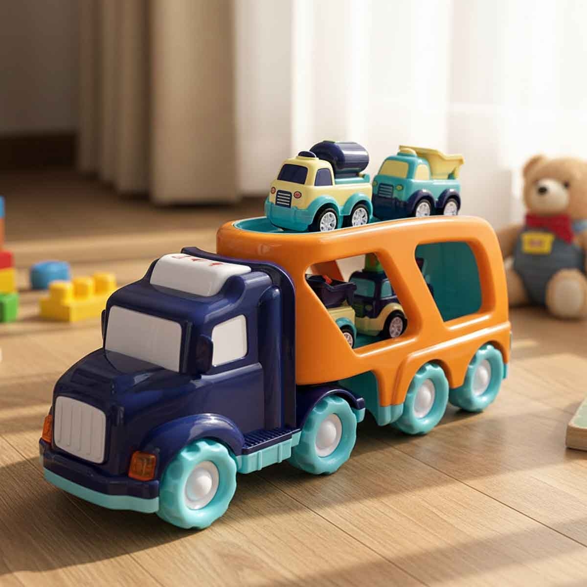 شين بينغ يو مجموعة شاحنة مدينة احتكاكية بضوء وصوت مع 4 سيارات سحب خلفي رقم PC66-03 للجنسين، من عمر 3-4 سنوات