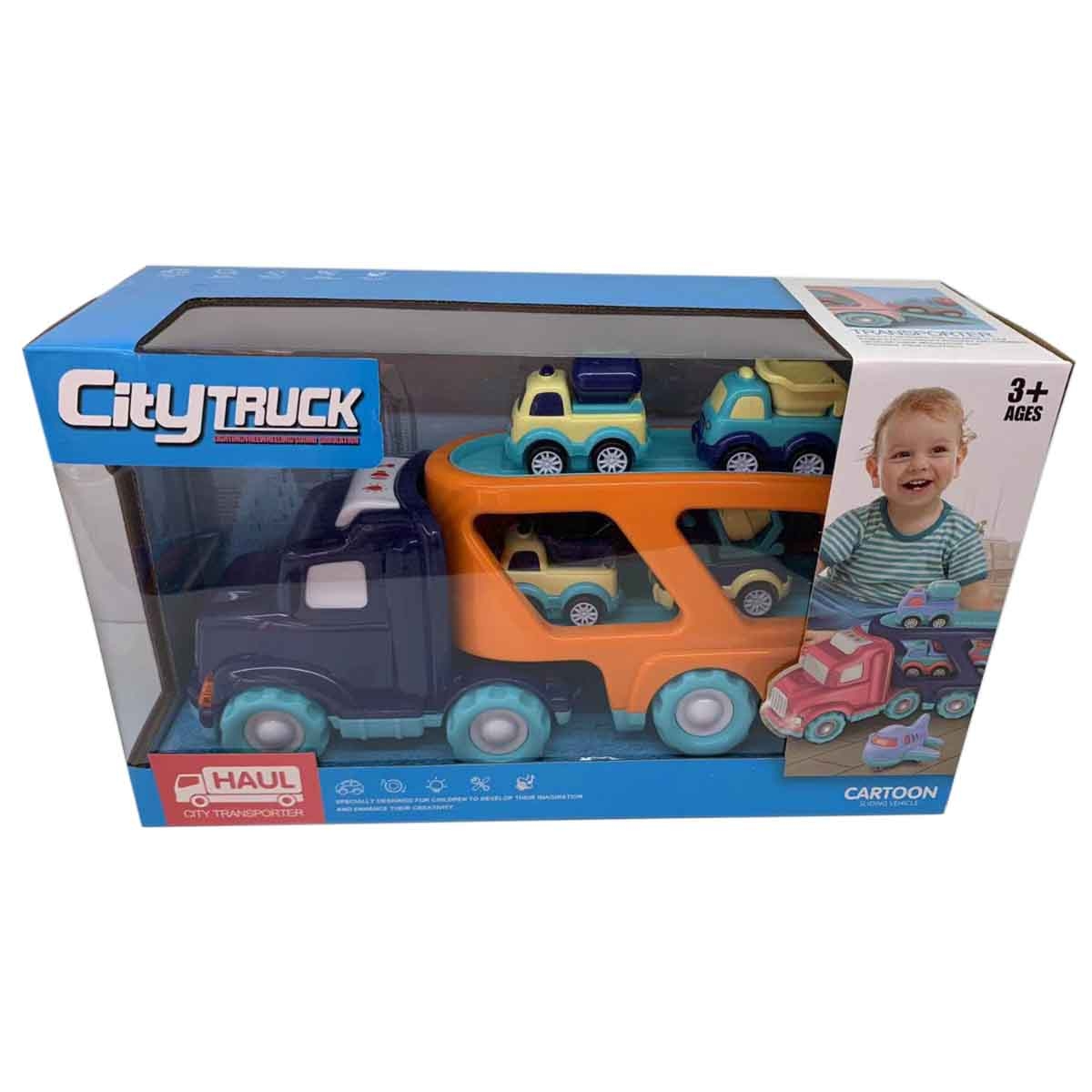 شين بينغ يو مجموعة شاحنة مدينة احتكاكية بضوء وصوت مع 4 سيارات سحب خلفي رقم PC66-03 للجنسين، من عمر 3-4 سنوات