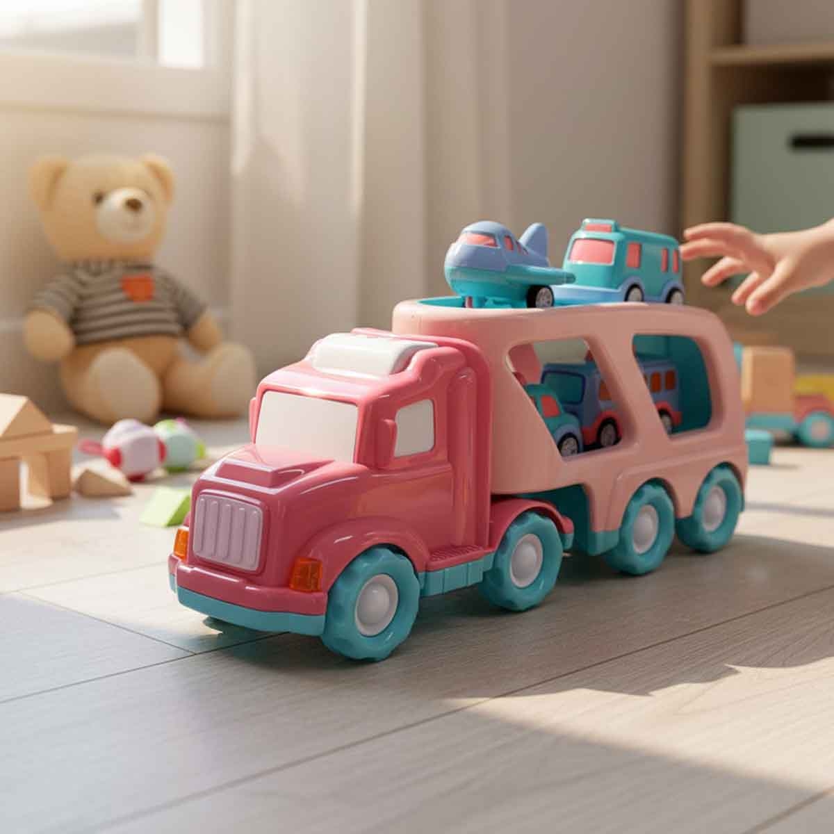 شين بينغ يو مجموعة شاحنة مدينة احتكاكية بضوء وصوت مع 4 سيارات سحب خلفي رقم PC66-05 للجنسين، من عمر 3-4 سنوات