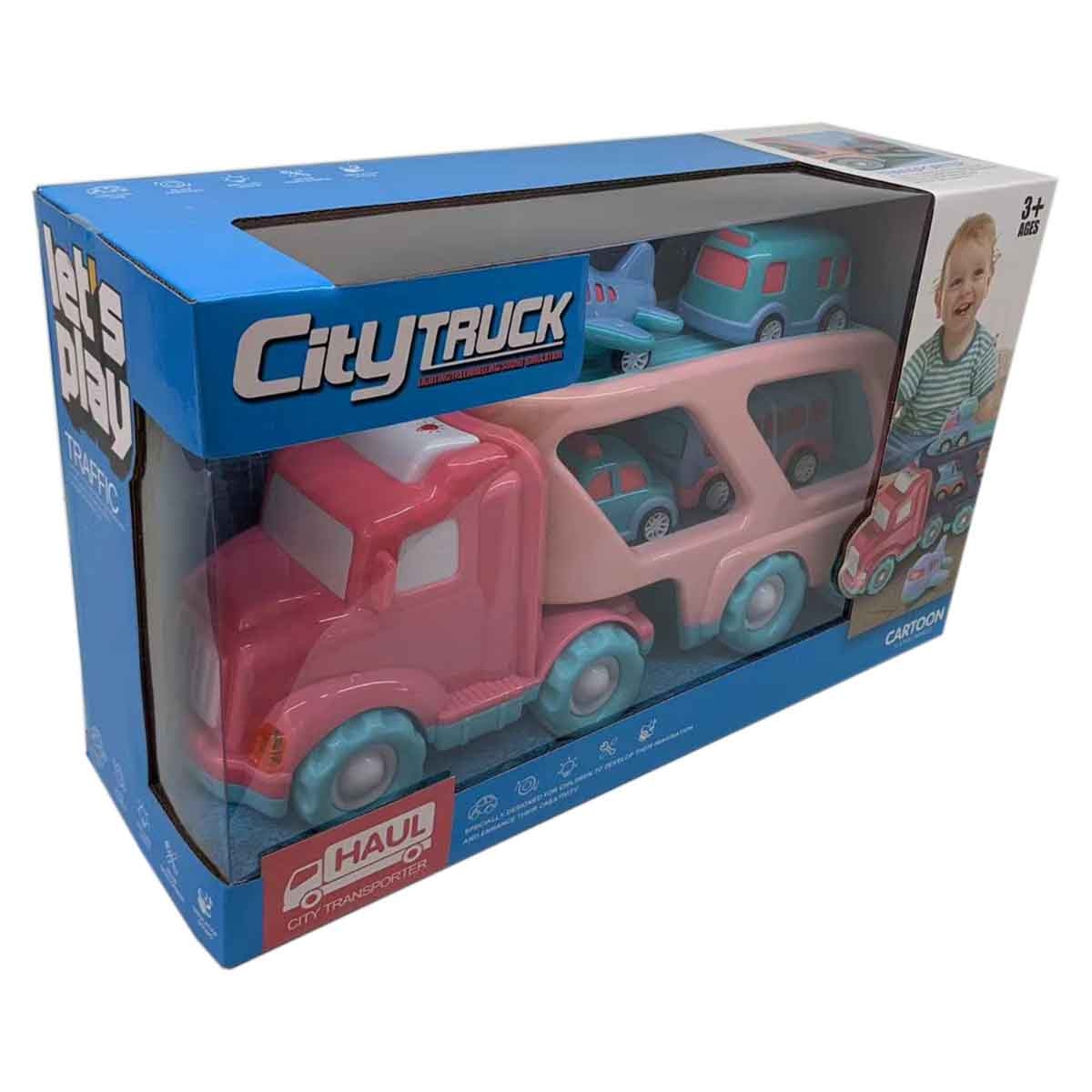 شين بينغ يو مجموعة شاحنة مدينة احتكاكية بضوء وصوت مع 4 سيارات سحب خلفي رقم PC66-05 للجنسين، من عمر 3-4 سنوات