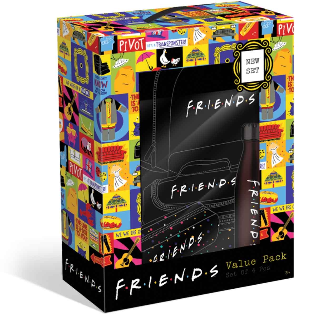 فريندز مجموعة حقيبة ظهر 4 في 1 مع حقيبة غداء وزجاجة ماء ومقلمة