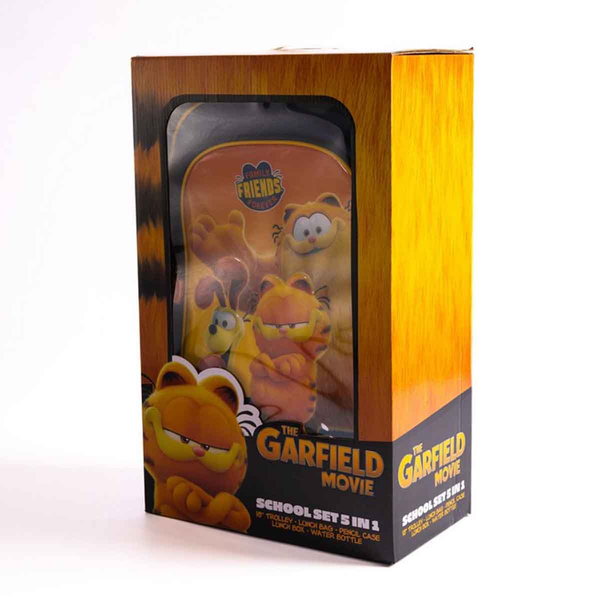 غارفيلد مجموعة حقيبة ترولي مدرسية باللون الأزرق الداكن مقاس 18 انش مع حقيبة غداء ومقلمة وزجاجة مياه وصندوق طعام