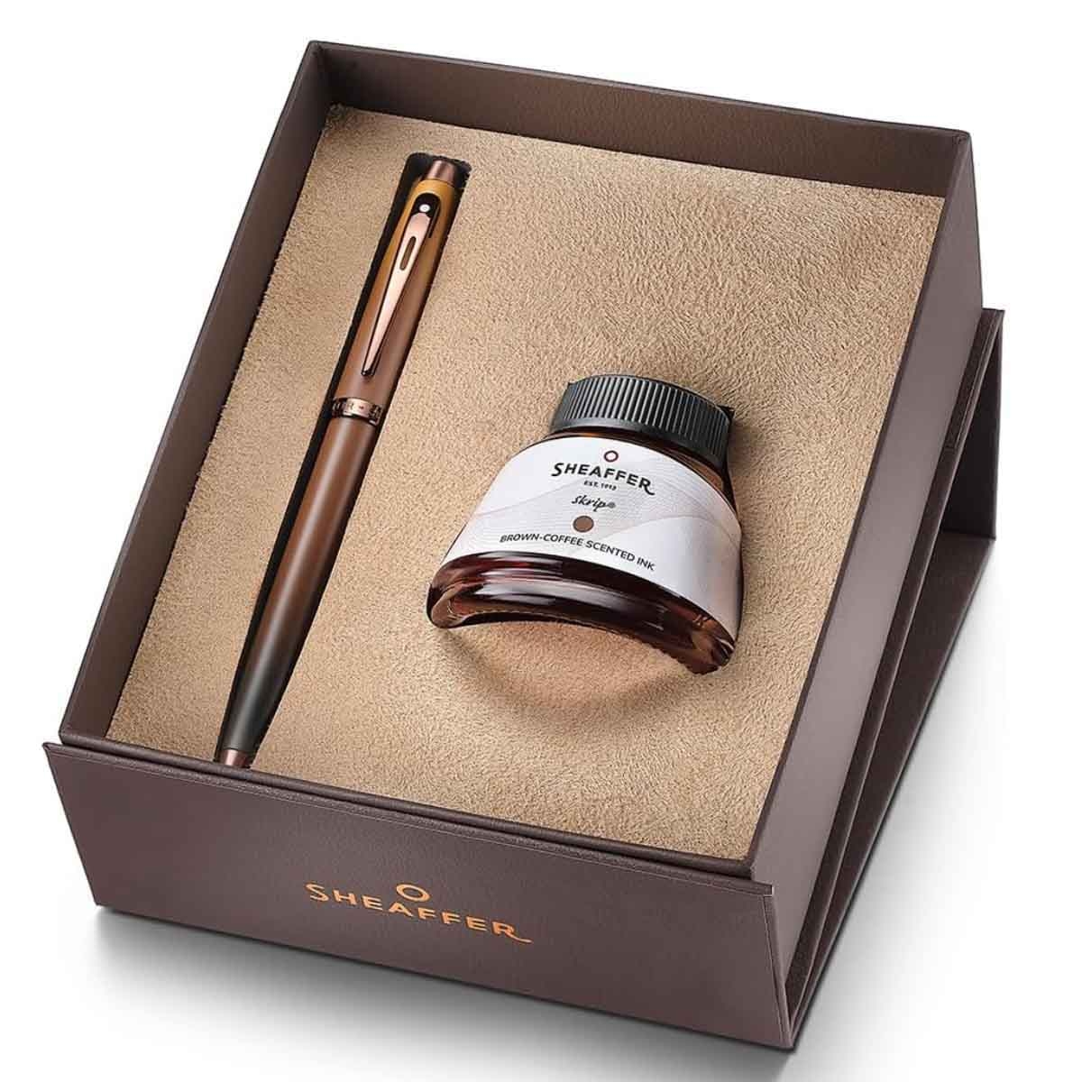 Sheaffer 100 9374 Coffee Edition Matt Brown Medium Fountain Pen with Skrip Brown Coffee Scented Ink Gift Set