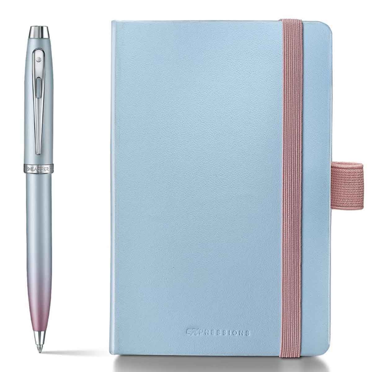 شيفر طقم هدية قلم حبر جاف 100 تدرج لؤلؤي مع دفتر صغير فضي معدني