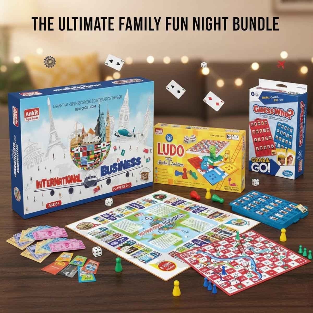 Hasbro Guess Who? with Ankit Toys 2-in-1 Ludo & International Business Board Game Bundle Pack Unisex, 5-7 Years