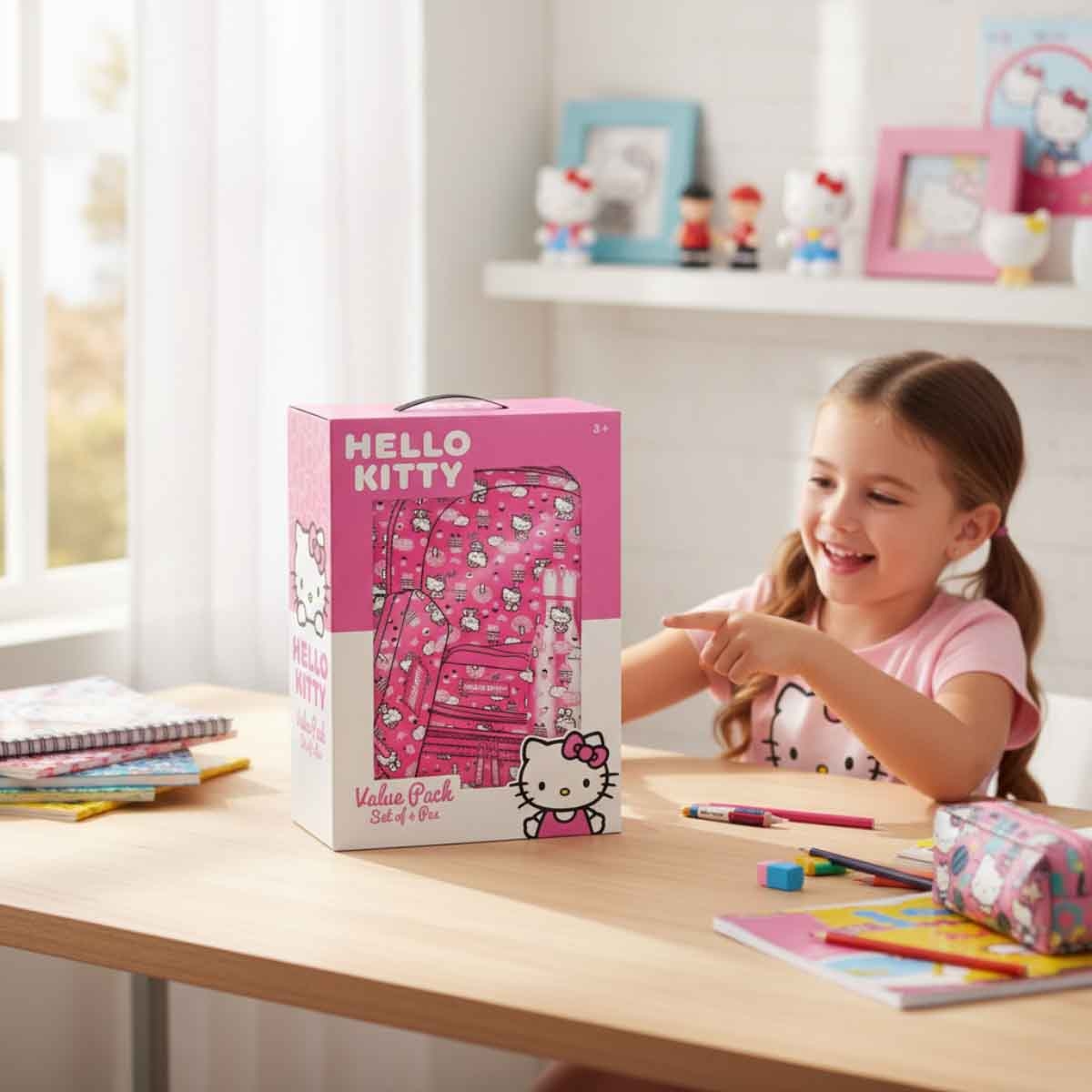 هيلو كيتي مجموعة حقيبة ظهر 4 في 1 مع حقيبة غداء معزولة وزجاجة ومقلمة