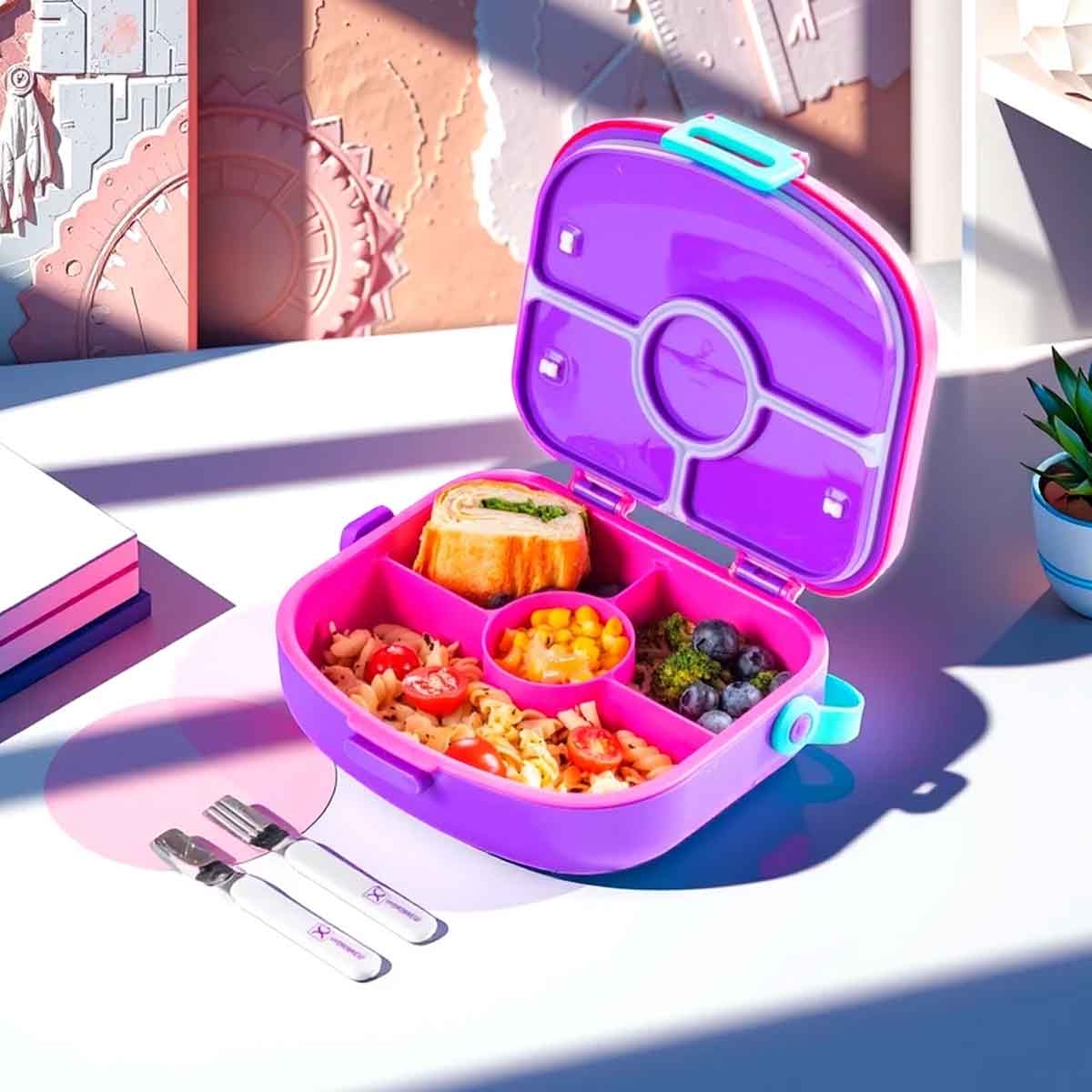 HYDROBREW Fuchsia 4-Compartment Bento Lunch Box with Spoon & Fork Set