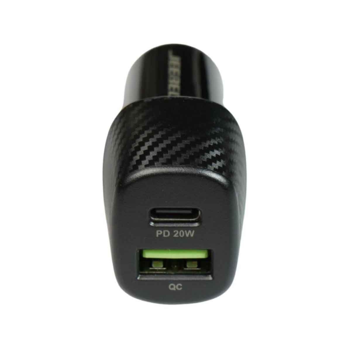 Jeebel Black 38W USB-C PD & USB A Q C3.0 Dual Port Car Charger with MFi Lightning Cable