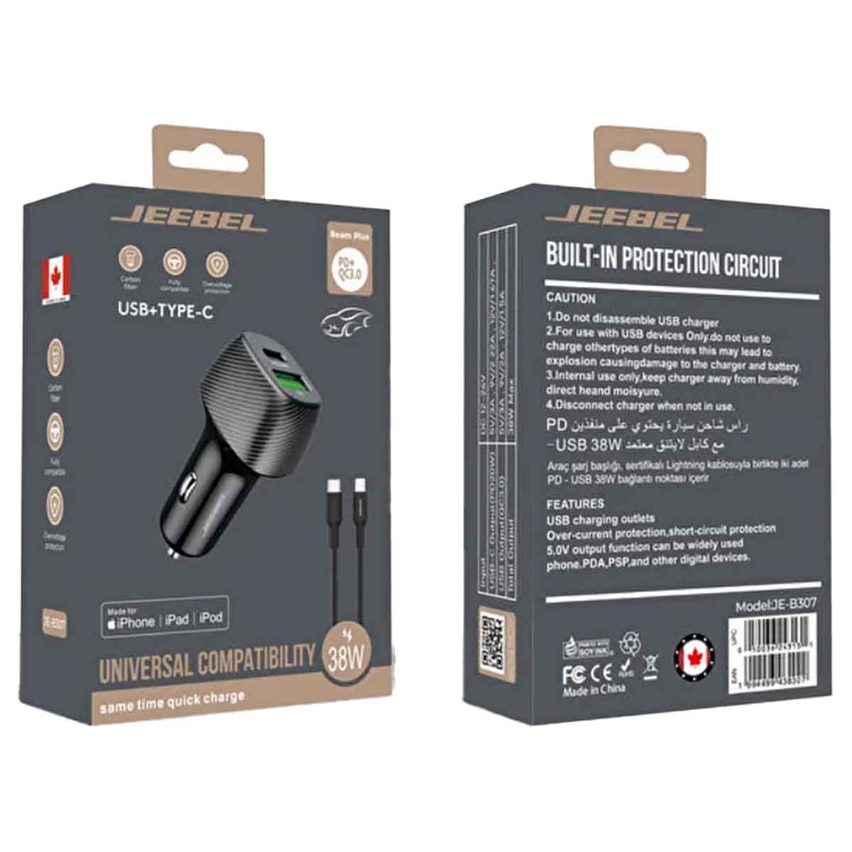 Jeebel Black 38W USB-C PD & USB-A QC 3.0 Dual Port Car Charger with MFi Type C Cable