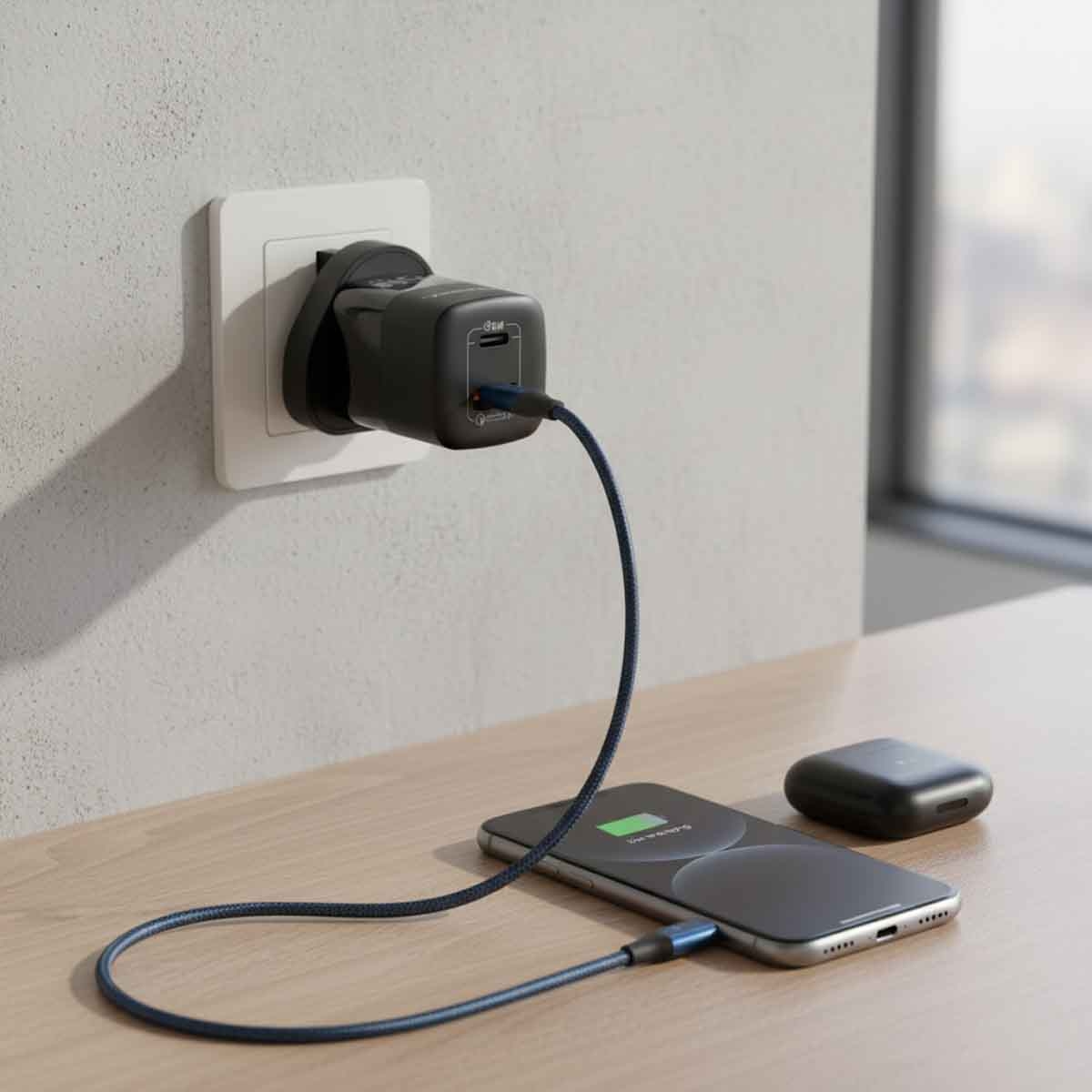 جيبل شاحن حائط مدمج GaN بقوة 45 واط USB-C PD وUSB-A QC 3.0 باللون الأسود